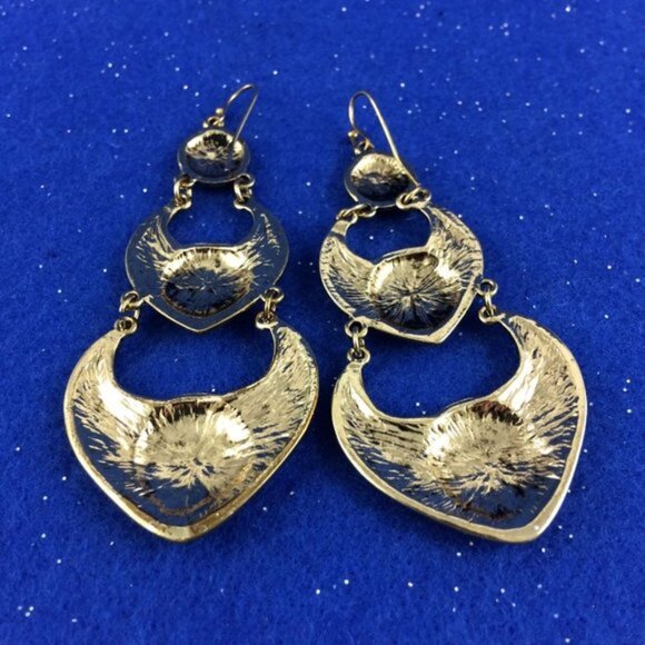 Long Triple Tier Dangle Goldtone Metal Earrings Bali-Inspired Design Statement - Picture 9 of 10